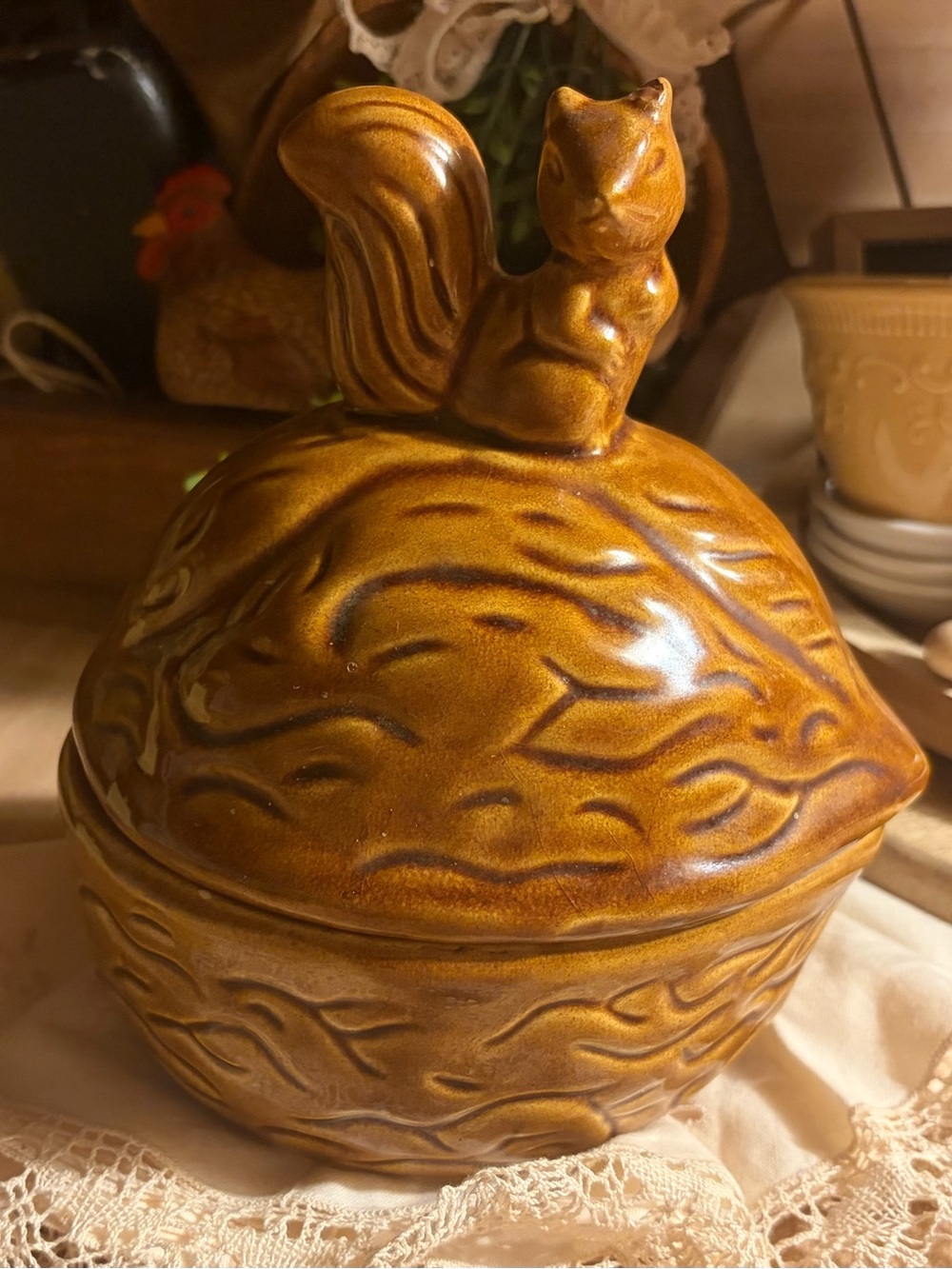Vintage Squirrel Lidded Ceramic Jar in Burnt Amber
